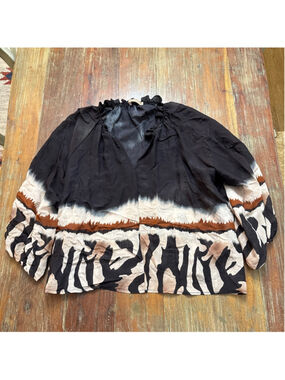 Marta Black Brown Tie Dye Blouse Large Animal Print Ruffle Collar